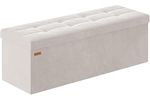 ABHENG Folding Storage Ottoman, Velvet Storage Bench, Footrest, Bed End Stool, Footstool, Removable Divider, for Living Room, Bedroom, 38 x 110 x 38 cm, 300 kg Load Capacity, Cream White ASND02W