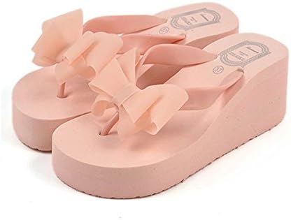 Ms summer high heel bow slippers non-slip platform wedges pinches the beach sandals , pink , 37