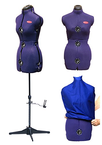 DEUBL Damen Schneiderpuppe verstellbar "Prymadonna" (Gr. M, Bezug Farbe: Blau), weiblicher Schneider Torso 8-teilig, Büste komplett einstellbar mit Vierbein Standfuß (klappbar und höhenverstellbar), Schneiderbüste mit 12 Verstellrädchen, extra Halsumfang- und Rückenlängenverstellung
