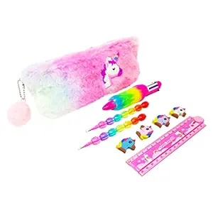 PARTEET Unicorn Fur Pouch with 1 Fur Pen 4 Color, 2 Pencils, Fruit Eraser Packet and Folding Scale, Silver, Combo of 5