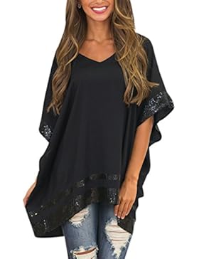 Nlife Frauen Kurzarm Pailletten Design Asymmetrische Hem Casual Bluse Tops