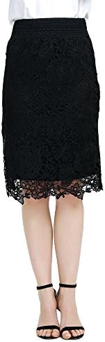 Yagooor Women's Casual Lace Crochet Floral Knee Length Lace Pencil Skirt Black m