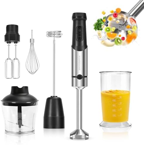 Set Frullatore a Immersione 1200W - 6 in 1 Include Tritatutto da 600ml, 12 Velocità + Turbo, Frullatore Tritatutto Multifunzione Facile da Pulire, Misurino da 800ml per Salse