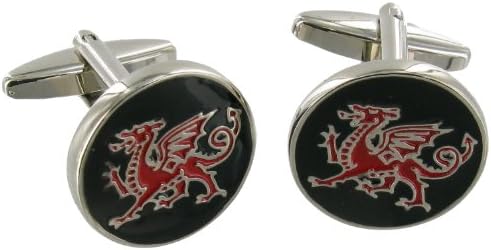 Cuff Links Black Round - Red Dragon - In Presentation Gift Box