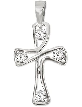 CLEVER SCHMUCK Silberner kleiner Anhänger Mini Kreuz 14 mm in Linienform mit 4 Spannzirkonias in den Kreuzenden...