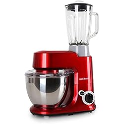 Klarstein Carina Rossa Set - Robot de cuisine avec mixeur blender robot patissier multifonction avec bol inox de 4L (800W, accessoires pour pétrir, mélanger, fouetter, 6 vitesses) - rouge