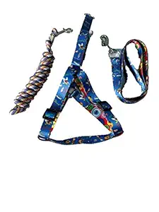 PET CLUB51 Printed Harness Wo Pad with Rope Combo for Puppy Dogs (XS, Blue)