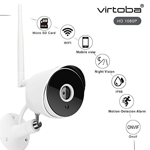 Virtoba Cámara de Vigilancia Exterior 1080P,Cámara IP WiFi de Seguridad IP67 Impermeable(Soporte ONVIF,IR-CUT,H.264,P2P,64GB TF Card,Visión Nocturna,detección de movimiento)Compatible con PC/Android/IOS