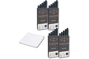 Parker Pen Cartucce d'inchiostro per penna stilografica Parker Quink 10 pezzi blu, 10 pezzi nero + panno