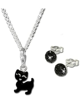 SilberDream Kinder Schmuck-Set Katze schwarz, 925er Silber und Zirkonia, Halskette, Charm Anhänger und Ohrringe...