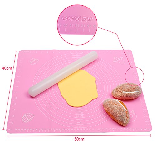 ilauke DIY Silikonpad Teigmatte 50*40cm mit Größe Zeichnen und Teigroller Rolling Pin 33cm Ausrollstab Silikon-Arbeitsmatte Fondant ausrollen Tortendeko Ausstecher Ausstechform Modellierwerkzeug (set rosa) - 2