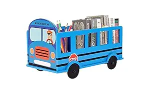 KIDDYPARTIES BOOK STORAGE FOR KIDS Bus SHAPE WITH WHEELS BLUE COLOUR BookRack|Newspaper/Magazine Holder |School Books/comics/dvds organizer |Storage Rack for Toys:Wheels Attached for Easy Movement (29.21 L / 15.24 H/ 13.97W) (BLUE)