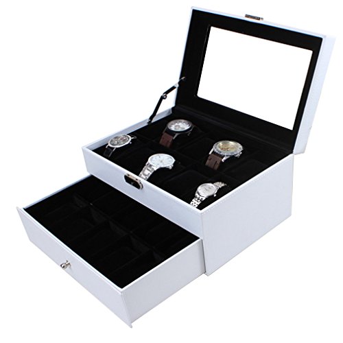 Preisvergleich Produktbild KYD Uhrenbox Uhrenkoffer Herren Frauen Uhrenkasten für 20 Uhren Uhrenschatulle aus Kunstleder Uhrenvitrine in Schwarz (innen) + Weiß (außen)