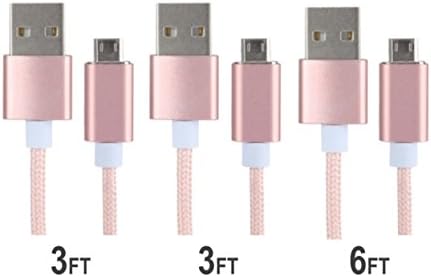 JustJamz Nylon Braided (3 Pack) Micro USB Cable 3 Feet/1 Meter &amp; 6 Feet/2 Meter Data Sync &amp; Charging Cable for Samsung and Other Android Smartphones - Rose