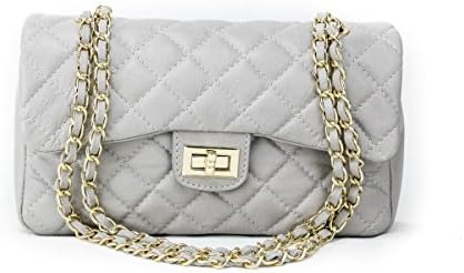 Italian Leather Quilted Designer Classic Handbag (Light Grey)