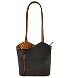  Freyday 2 in 1 Handtasche Rucksack Designer Luxus Henkeltasche aus Echtleder in versch. Designs (Glattleder Schwarz-Cognac)