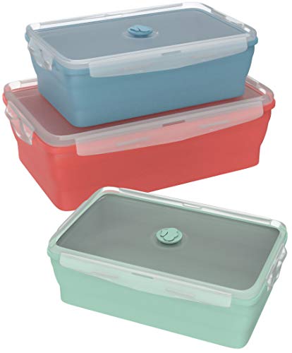 Wamery Recipiente de Silicona Plegable - Juego de 3 Recipientes para Microondas con Tapas de Plastico Hermticas Libres de Bpa - Fiambreras de Silicona Plegables Aptas para Llevar Almuerzo o de Viaje.