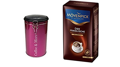 Preisvergleich Produktbild Mövenpick - Der Himmlische Kaffee - 500g + Kaffeedose Aromadose + + 6 x Fassungsvolumen je Glas ca. 260ml spülmaschinengeeignet schwere,standfeste Qualität von James Premium® Formschöne Gläser mit Aufdruck