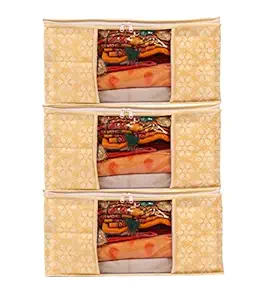 PENADIA 3 Piece Printed Non Woven Saree Cover Set,Clothes Organiser For Wardrobe Set with Transparent Window And Zipper (PACK OF 3, B2-Beige)