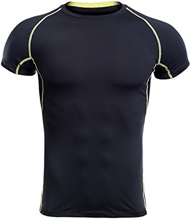 YMY Men's Short Sleeve Running Fitness Workout Compression Base Layer Shirt a0008-Black-yellow X-Large/US L