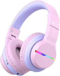 iClever Headphones for Girls BTH12 Kids Headphones with Mic, Colorful LED Lights Kids Bluetooth Headphones with 74/85/94dB Volume Limited Over Ear, 40H Playtime, Bluetooth 5.0, Built-in Mic for School/Tablet/PC/Airplane, Pink