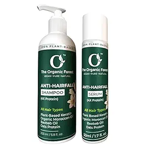 Organic Forest 100% Chemical Free Hair Smoothing & Hair Thickening Shampoo & Serum Combo | Great for Dry and Frizzy Hair | Keratin, Caster & Coconut Oil Hair Thickening Vitalizer | Instant Shine | Green Tea, Almond, Argan |