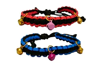Pet D Hand Made Polyester Vowel/ Bell Collar for Cat/ Small Puppies Pack of 2 (Black Red, Blue Black)