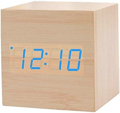 SKYWELL Wooden Cube Click Clock Digital LED Desk Alarm Clock Voice Control Thermometer Timer Calendar (Bamboo ,Blue light)