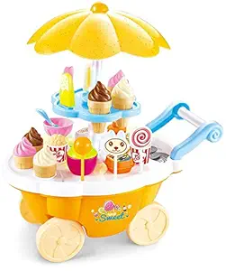 MRUD Ice Cream Toy Cart Play Set for Kids 39 Piece Pretend Play Food - Ice-Cream Trolley Truck Without Music & Lighting - Great Gift for Girls and Boys Ages 3 - 12 Years Old (Yellow)