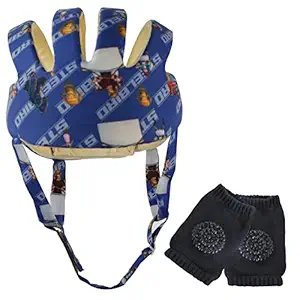 Steelbird Kids Safety Helmet, Toddler Safety Helmet Adjustable + Knee Guards for Kids | Protective Gear Set for Skateboard, Bike, Roller Skating, Cycling, Scooter. (Printed Blue)