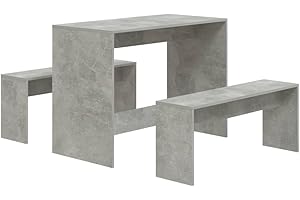 vidaXL Essgruppe 3-TLG. Sitzgruppe Esstisch Tisch Tischgruppe Bank Esszimmerbank Esszimmergruppe Esszimmergarnitur Tischset Betongrau Holzwerkstoff
