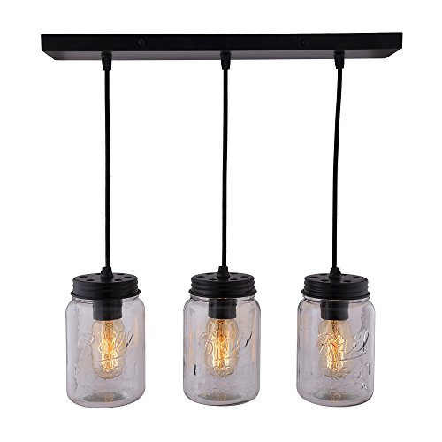 Homesake® 3-Lights Linear Cluster Chandelier Black Mason Jar Hanging Pendant Light, Kitchen Area and Dining Room Light.