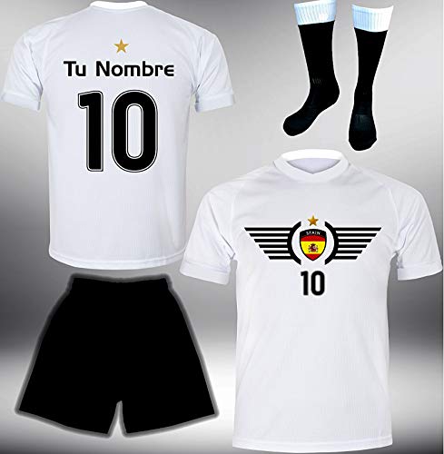 ElevenSports Spanien Trikot Set 2018 mit Hose & Stutzen GRATIS Wunschname + Nummer im EM WM Weiss Typ #ES3ths – Geschenke für Kinder Erw. Jungen Baby Fußball T-Shirt Bedrucken Espana