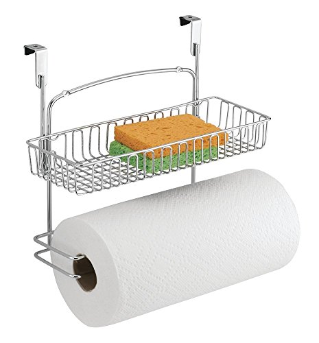 mDesign Küchenrollenhalter mit Regal - Halter für Papierrollen und kleine Gegenstände in der Küche - am Schrank zu befestigen - Farbe: Chrom