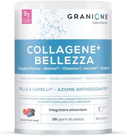 GRANIONS Collagene+ Bellezza in Polvere 260 g | 9 g Collagene Marino Tipo I | Acido Ialuronico + Biotina + Vitamina C + Enotera | Aroma Frutti Rossi | 26 Giorni | Senza Edulcoranti