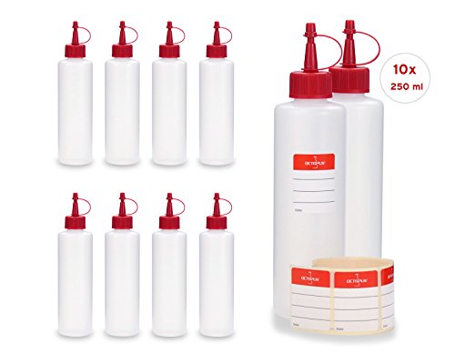 10 x 250 ml Kunststoffflaschen, Plastikflaschen aus HDPE mit roten Spritzverschlüssen bzw. Tropfverschlüssen, chemikalienresistent