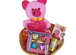 MANTOUSS Valentines Day Gift for Girlfriend/Boyfriend/Husband/Wife/finace-Beautiful Basket+Chocolates in a Decorated Box+Cute Teddy Bear+Message Bottle+Scented Candle+Valentines Day Card