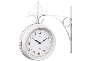 Bloomingtons Direct Garden Station Clock with Bracket Double Sided with Waterproof Cover, Vintage Cream Antique-Look Wall-mounted for Indoor & Garden, Hanging Décor, Premium Metal Materials