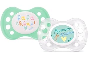 DODIE Lot de 2 Sucettes Anatomiques - 0-6 Mois – Sans BPA, Résistante - Maman et Papa Chéri - avec ou sans anneau aléatoire