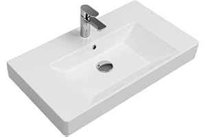 ‎AQUA BAGNO Aqua Bagno | Universal Waschbecken mit Ablage, modernes Keramikwaschbecken in Weiß, hängendes Waschbecken 80 cm breit