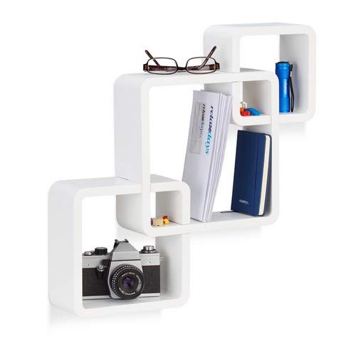 Relaxdays 10021803_49 Étagère cube carré tablette flottante murale 3 cubes en MDF compartiment coloré, blanc