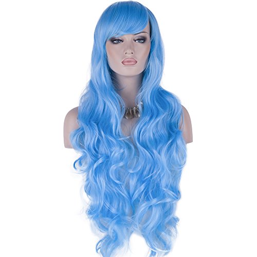 DAOTS 32" Cosplay Wigs Halloween Wig Long Hair Heat Resistant Curly Wave Hairs for Women(light blue)