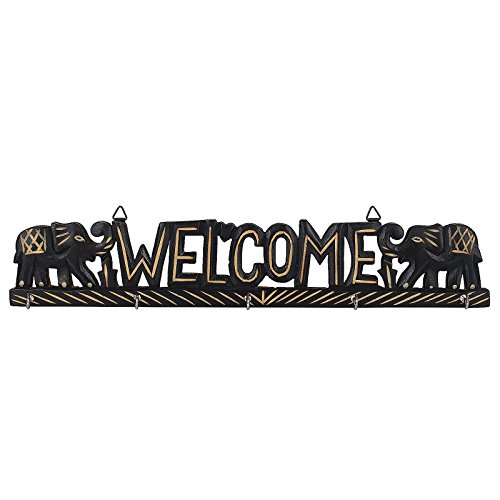 Beautiful Wooden Wall Hanging Key Holder with Welcome Text & Elephant Shape MPN-Key_Holder_Welcome_Elephant