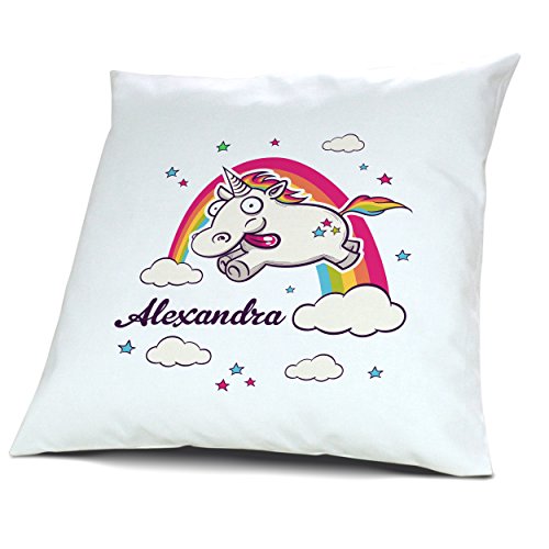 Kopfkissen mit Namen Alexandra - Motiv Verrücktes Einhorn, 40 cm, 100% Baumwolle, Kuschelkissen, Liebeskissen, Namenskissen, Geschenkidee
