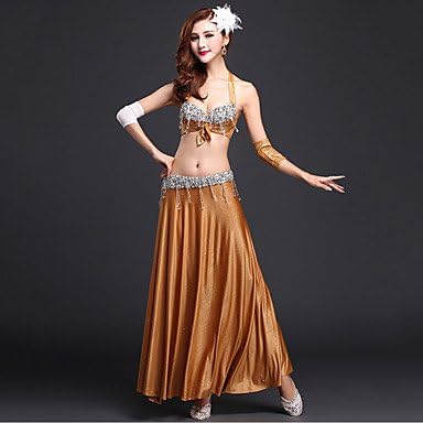 JXILY HJL Belly Dance Outfits Women's Performance Rayon Sequins Split Front 3 Pieces Gold/Purple/Dark Blue/Light Red, gold, l