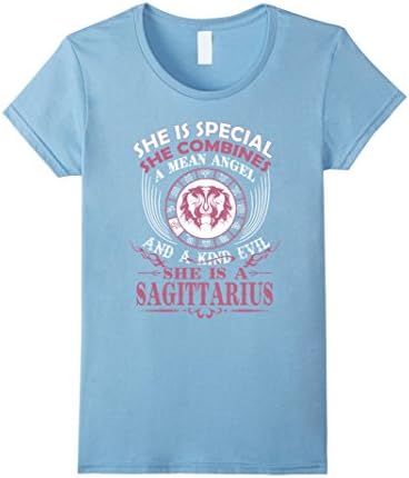 Women's She is a sagittarius combines angel and evil zodiac t shirt Small Baby Blue