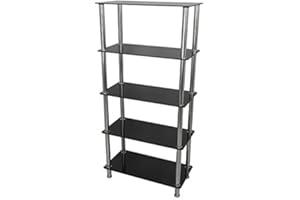 KING mahara Black Glass 5 Tier Modern Organisation Rack Shelving Shelf Unit Shelf Width 70cm x 35cm Max Weight per Shelf 7kg Living Rooms Kitchen Garage