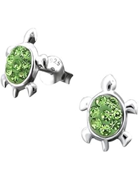 Ein Paar Kleine Schildkröten Ohrstecker aus Sterling Silber mit Grünen Kristallen (1 cm x 0,8 cm) Inklusive Geschenkbeutel