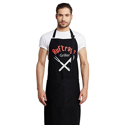 Inhoma Grillschürze bedruckt: „Auftrags-Griller“ in Schwarz | 100% Baumwolle | Barbecue-Schürze mit praktischen Taschen & verstellbarem Nackenband | extra groß 1x1m | Männergeschenk| mit Spruch - 2