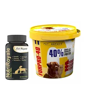 Pet Royale Protein Powder for Dog/Cat/Pet (1 X 400 gm) Combo with Dog Multivitamin Tablets (1 x 60 Tablets) | Dog Health Supplement Coat Vitalizer, Shedding Control,Dog Calcium ChewTablets